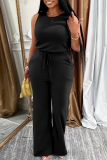 Casual Solid Color Draw String Pocket O Neck Sleeveless Two Pieces
