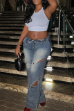 Casual Solid Color Hollow Out Buttons Mid Waist Loose Denim Jeans