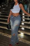 Casual Solid Color Hollow Out Buttons Mid Waist Loose Denim Jeans