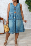 Casual Solid Color Pocket Buckle V Neck Sleeveless Loose Denim Dresses