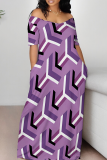 Casual Print Patchwork Off Shoulder Long Dresses