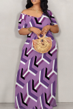 Casual Print Patchwork Off Shoulder Long Dresses