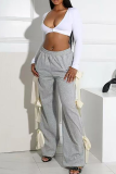 Casual Solid Color Pocket Bow Decor Loose Mid Waist Conventional Patchwork Bottoms