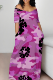 Casual Print Patchwork Off Shoulder Long Dresses