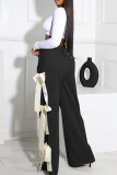 Casual Solid Color Pocket Bow Decor Loose Mid Waist Conventional Patchwork Bottoms