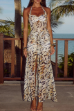 Sexy Print Backless High Slit Strap Design Halter Long Dresses