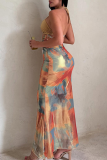 Sexy Print Hollow Out Halter Long Dresses