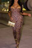 Sexy Print Hollow Out Asymmetrical Collar Skinny Jumpsuits