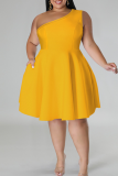 Casual Solid Color Patchwork Oblique Collar A Line Plus Size Dresses