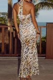 Sexy Print Backless High Slit Strap Design Halter Long Dresses