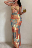 Sexy Print Hollow Out Halter Long Dresses