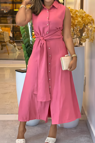 Casual Solid Color Buckle Strap Design Turndown Collar Long Dresses
