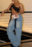 Casual Solid Color Pocket Mid Waist Loose Denim Jeans