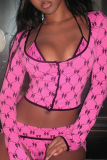Sexy Print Strap Design Halter Long Sleeve Two Pieces