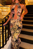 Sexy Print Patchwork Slit O Neck Sleeveless Two Pieces