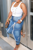 Casual Solid Color Buckle High Waist Regular Denim Jeans
