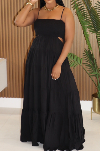 Casual Solid Color Hollow Out Spaghetti Strap Long Dresses