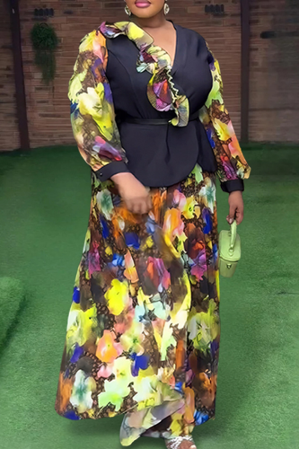 Casual Print With Belt Stringy Selvedge V Neck Plus Size Two Pieces