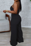 Casual Solid Color Draw String Backless Halter Sleeveless Two Pieces