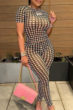 Sexy Print See-Through O Neck Short Sleeve Two Pieces