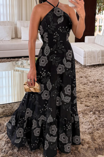 Sexy Print Backless Halter Long Dresses
