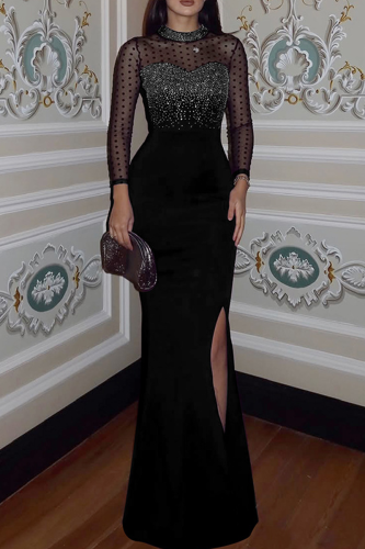 Prom Solid Color Hot Drill O Neck Long Dresses