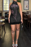 Sexy Flowers Backless Hot Drill O Neck Wrapped Skirt Dresses