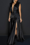 Sexy Solid Color High Slit Strap Design Deep V Neck Long Dresses