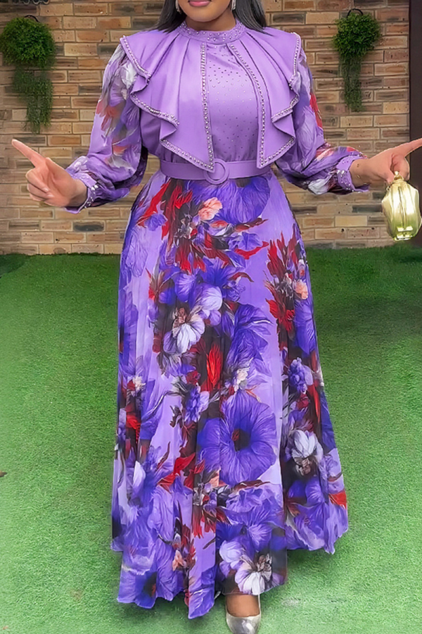 Elegant Print With Belt Zipper Flounce O Neck Long Plus Size Dresses
