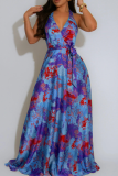 Elegant Print Backless Strap Design Halter Long Dresses