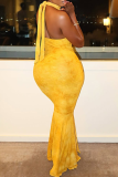 Elegant Print Backless Strap Design Halter Long Dresses