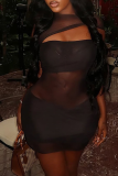 Sexy Solid Color See-Through O Neck Wrapped Skirt Dresses