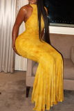 Elegant Print Backless Strap Design Halter Long Dresses