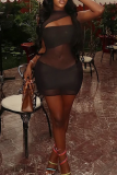 Sexy Solid Color See-Through O Neck Wrapped Skirt Dresses