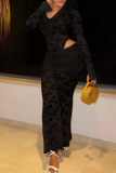 Sexy Solid Color Lace See-Through V Neck Long Sleeve Two Pieces
