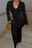 Sexy Solid Color Lace See-Through V Neck Long Sleeve Two Pieces