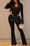 Sexy Solid Color Lace See-Through V Neck Long Sleeve Two Pieces