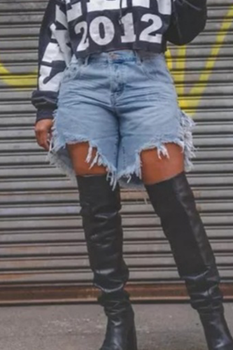 Casual Solid Color Fringed Trim Irregular Mid Waist Loose Denim Shorts