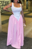 Sexy Plaid Contrast U Neck Long Dresses