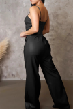 Sexy Solid Color Buckle Spaghetti Strap Loose Jumpsuits