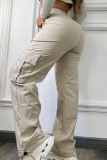 Casual Solid Color Pocket Straight Mid Waist Patchwork Bottoms