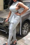 Casual Solid Color Slit Turtleneck Sleeveless Two Pieces