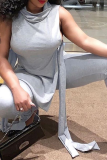 Casual Solid Color Slit Turtleneck Sleeveless Two Pieces