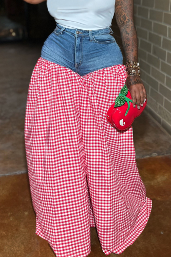 Casual Plaid Patchwork Loose Mid Waist Wide Leg Patchwork Bottoms