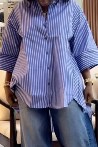 Casual Stripe Buckle Shirt Collar Tops