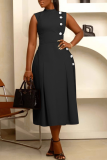 Khaki Half A Turtleneck Sleeveless Casual Formal Office Lady Pleated Maxi Dresses