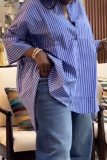 Casual Stripe Buckle Shirt Collar Tops