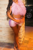 Sexy Solid Color Feathers Cardigan Collar Sleeveless Two Pieces