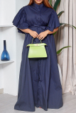 Casual Solid Color Buckle Strap Design O Neck Long Dresses