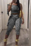 Casual Leopard Print Strap Design Off Shoulder Sleeveless Two Pieces